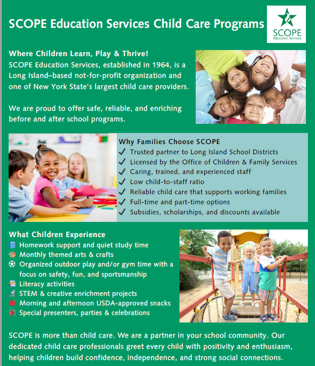 SCOPE flyer with program information photos of kids playing and smiling